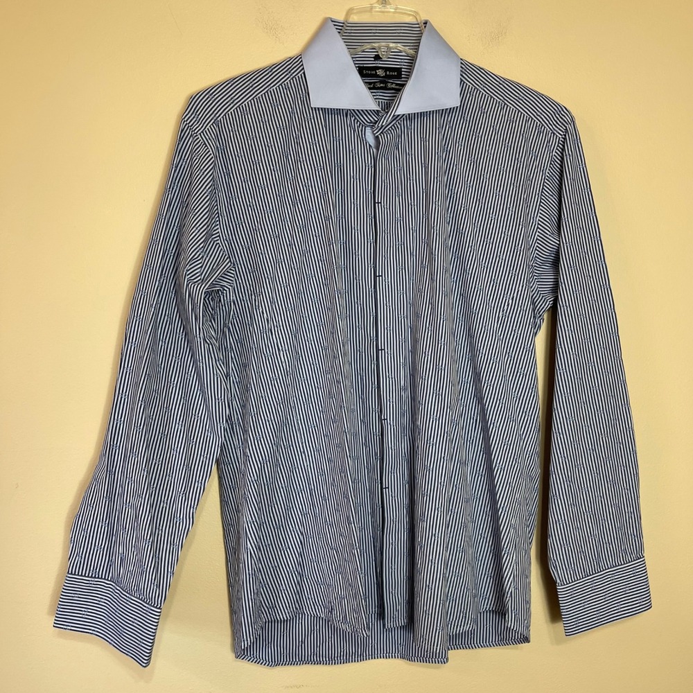 Stone Rose Black Rivet Mens XL Blue White Striped Embroidered Cotton Dress Shirt